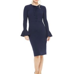 Maggy London Blue Sheath Dress with Bell Sleeves and Mock Neck